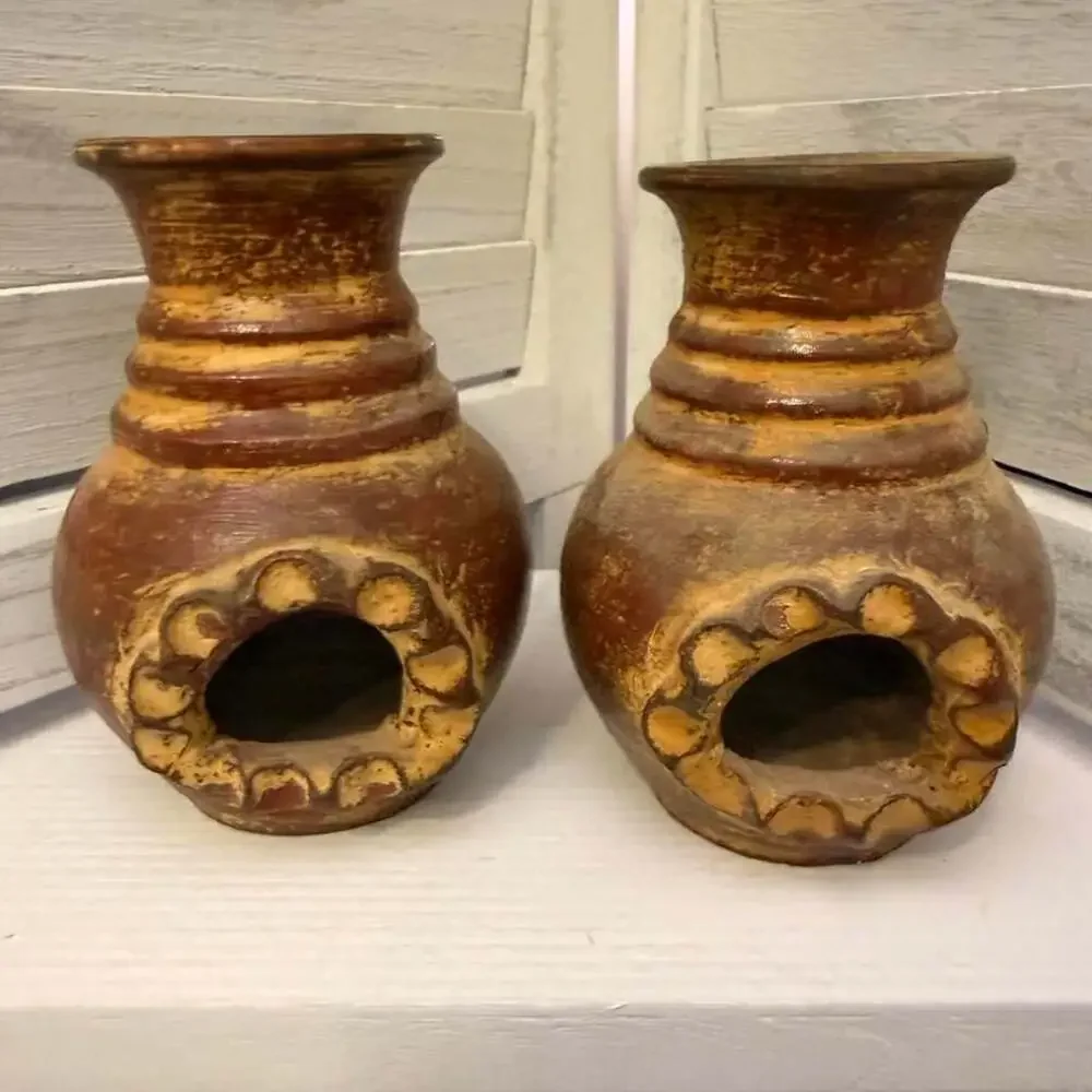 Set of 2 Vintage Terracotta Clay Miniature Chiminea Candle Holders